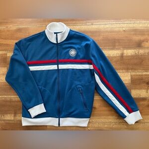 Y2K Chaps Blue Zip-Up Track Jacket with Red and White Stripes